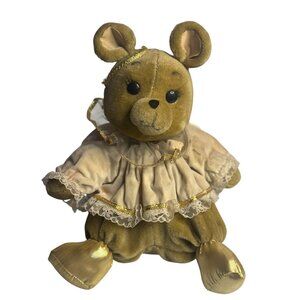VTG Antique Musical Angel Wings Velvet Teddy Bear Gold Shoes Lace Collar Doll